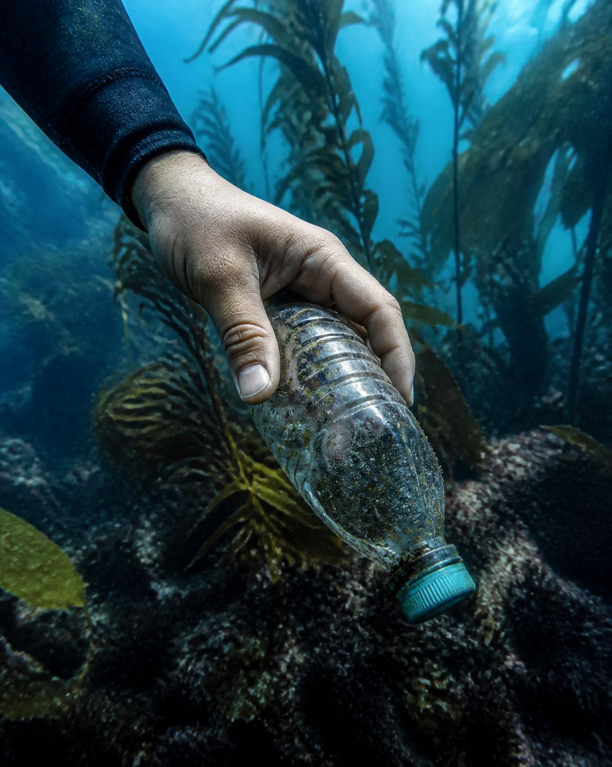 Diver's hand removing a plastic bottle from the kelp