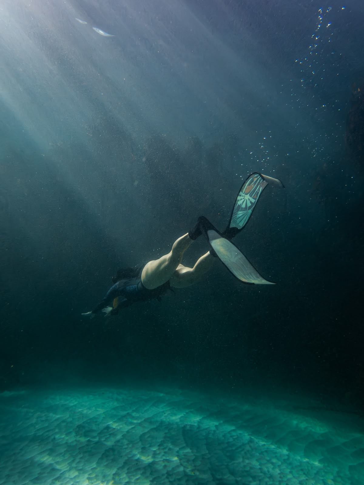 Freediver kicking through the kelp
