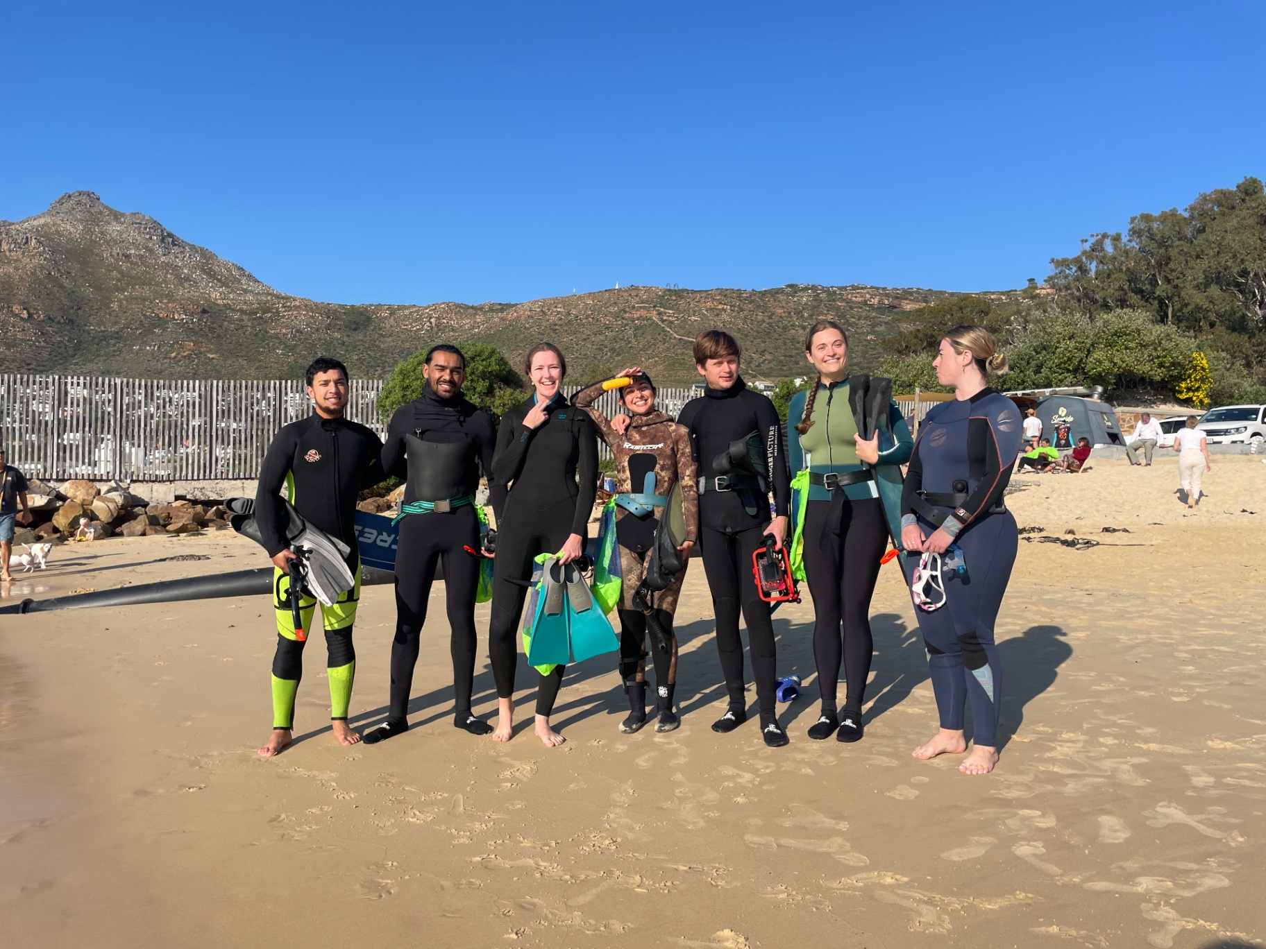 Full crew lined up on the sand in wetsuits with fins and snorkels